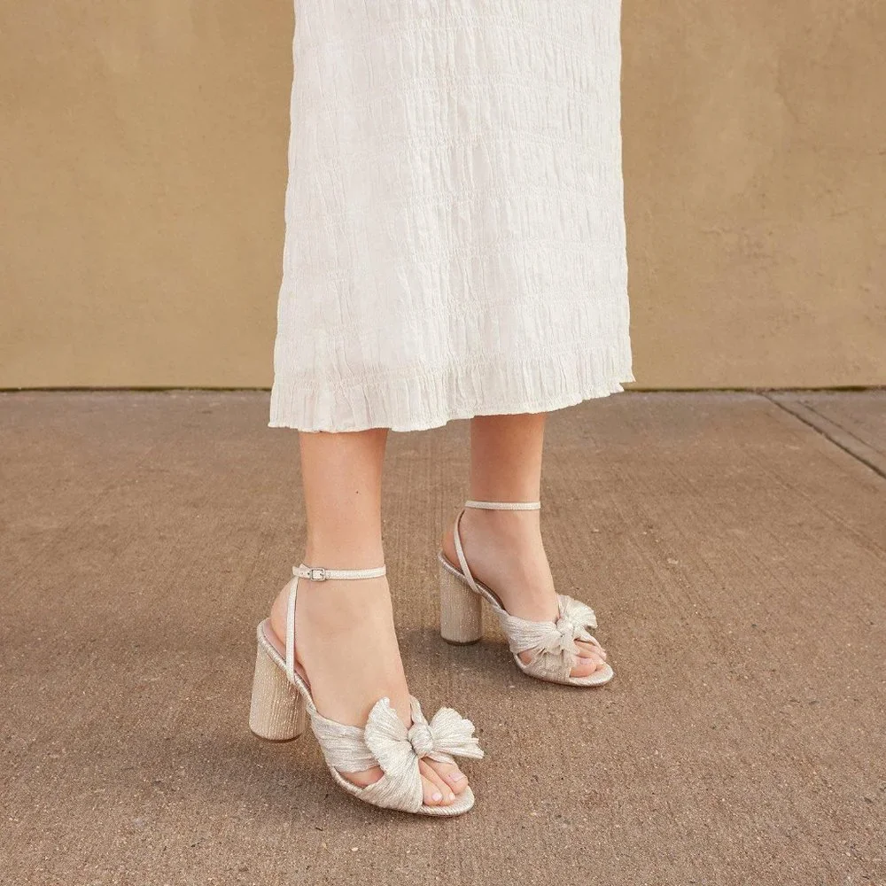 Loeffler Randall Cream Knotted Raffia Block Heel Sandals